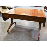 A MAHOGANY SOFA TABLE the two frieze drawers with inlaid decoration, 155cm wide with both leaves