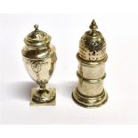 TWO VICTORIAN SILVER POUNCE POTS one of cylindrical lighthouse form, hallmarked London 1898, maker