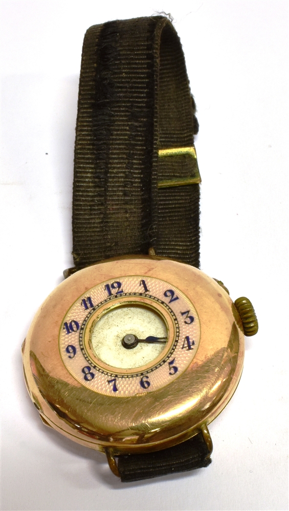 A 14CT GOLD EARLY WRIST WATCH (conversion from a pocket watch) half hunter design, pink enamel outer - Image 2 of 2