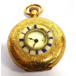 A WALTHAM 18CT GOLD AND ENAMEL LADIES SMALL POCKET/FOB WATCH half hunter design with pink enamel