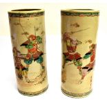 A PAIR OF SATSUMA CYLINDRICAL VASES painted decoration of samurai, 31cm high