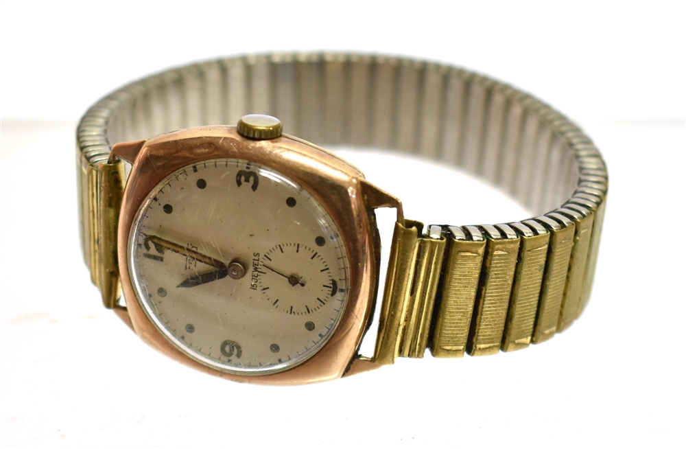 A GENT'S 9CT GOLD VINTAGE WRIST WATCH Marked to dial FRCY, together with a key-wind silver pocket