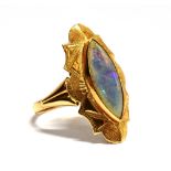 A BLACK OPAL SINGLE STONE 14CT GOLD RING the marquise shaped cabochon cut opal 15 x 6mm to fancy