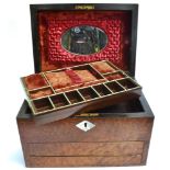 A VICTORIAN AMBOYNA TRAVELLING JEWELLERY/STATIONERY BOX the lid opening to velvet lined fitted