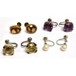 A SMALL COLLECTION OF GEM SET EARRINGS WITH SCREW FITTINGS INCLUDING A PAIR OF ROUND MIXED-CUT