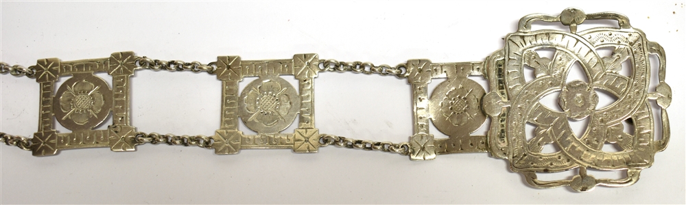 A CELTIC DESIGN SILVER BELT AND BUCKLE the buckle and links of square openwork design with Tudor - Image 3 of 3