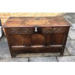 A CARVED OAK COFFER the triple panel front with carved decoration and long drawer, 121cm wide 51cm