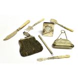 SEVEN ASSORTED ITEMS OF SILVER Comprising four pieces of mother of pearl handled silver pickle