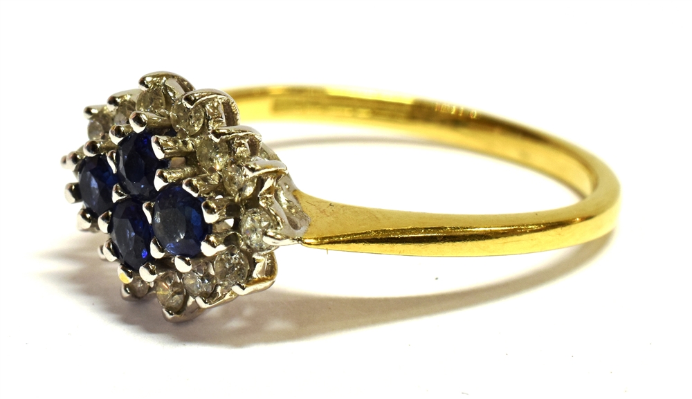 A SAPPHIRE AND DIAMOND LOZENGE SHAPED CLUSTER RING four central round mixed cut blue sapphires - Image 3 of 3