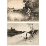 AFTER JACKSON SIMPSON 'Dry fly Upstream' & 'Dawn on the Don', a pair of etchings, titled and