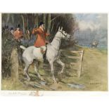 AFTER C. DENHAM ARMOUR: A HUNTSMAN RIDING A GREY THROUGH A GATEWAY colour print, signed on the