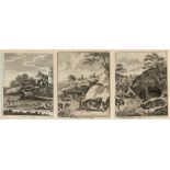 A SET OF THREE ENGRAVINGS 'Hare Hunting'; 'Fox Hunting, the earth stopped' and 'Badger Hunting -