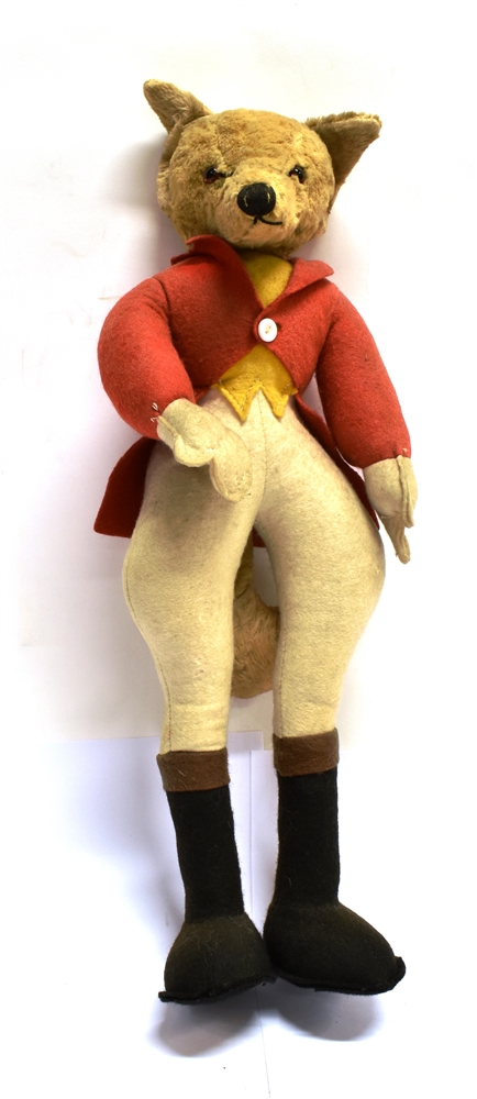 A SOFT TOY STANDING FOX FIGURE in hunting dress, with retailers label 'F.E.Gibson, Newmarket' height - Image 2 of 2