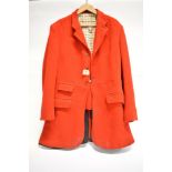 A GENT'S SCARLET HUNT COAT with check lining by 'Moss Bros, Covent Garden' and with five large and