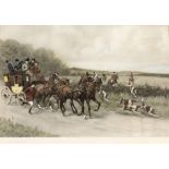 AFTER G.D. ROWLANDSON The hunting field crossing in front of a coach and horses, colour print,