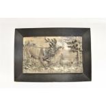 A CAST PLAQUE OF A STAG AND HOUNDS IN RELIEF in a wide ebonised frame, 33 x 54cm plaque