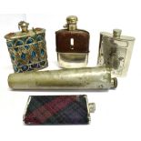 FOUR ASSORTED HIP FLASKS and a conical pewter flask (5)