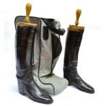 A PAIR OF BLACK LEATHER TOP HUNTING BOOTS complete with trees by 'Maxwell, London' approx. Size 6,
