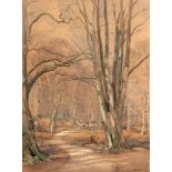 A.M. CARR: DISTANT HUNTSMAN AND HOUNDS ON A WOODLAND PATH watercolour, signed lower right, 42cm x