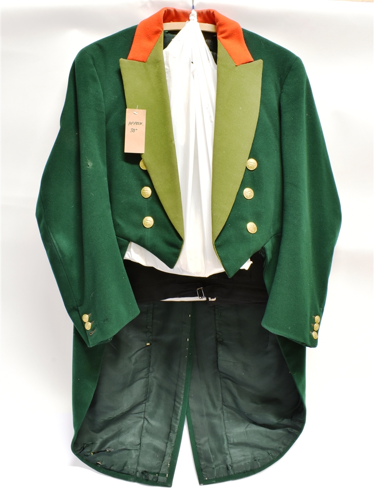 A GENT'S GREEN TAILCOAT with green silk facings and red collar and set of buttons together with