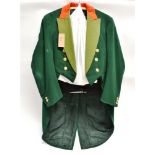 A GENT'S GREEN TAILCOAT with green silk facings and red collar and set of buttons together with