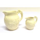 A WEDGEWOOD 'D'YE KEN JOHN PEEL' WHITE GLAZED CERAMIC PITCHER 18cm high, together with a smaller