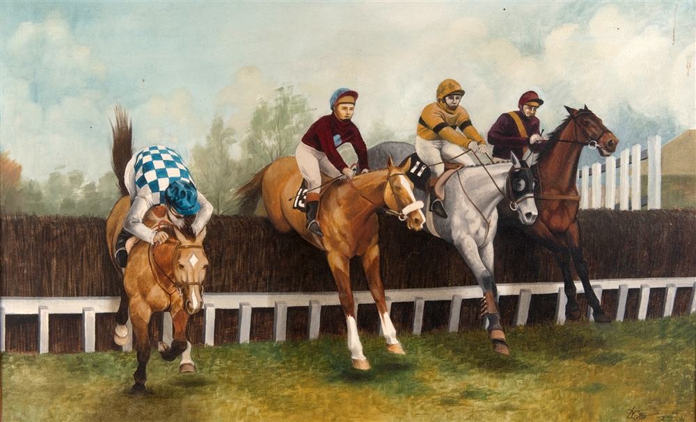 D.CARTER Racing Scene, taking a brush fence, Oil on Canvas, Signed and dated 1975, lower right, 62cm