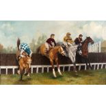 D.CARTER Racing Scene, taking a brush fence, Oil on Canvas, Signed and dated 1975, lower right, 62cm