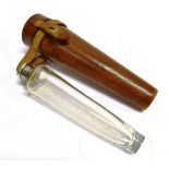 A CONICLE GLASS FLASK with plated mount by James Dixon & Sons, with leather holder for saddle