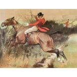 AFTER LIONEL EDWARDS Huntsman jumping a ditch, colour print, 34 x 44cm