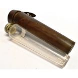 A CONICLE GLASS FLASK in leather holder for saddle mounting, length of holder 24cm