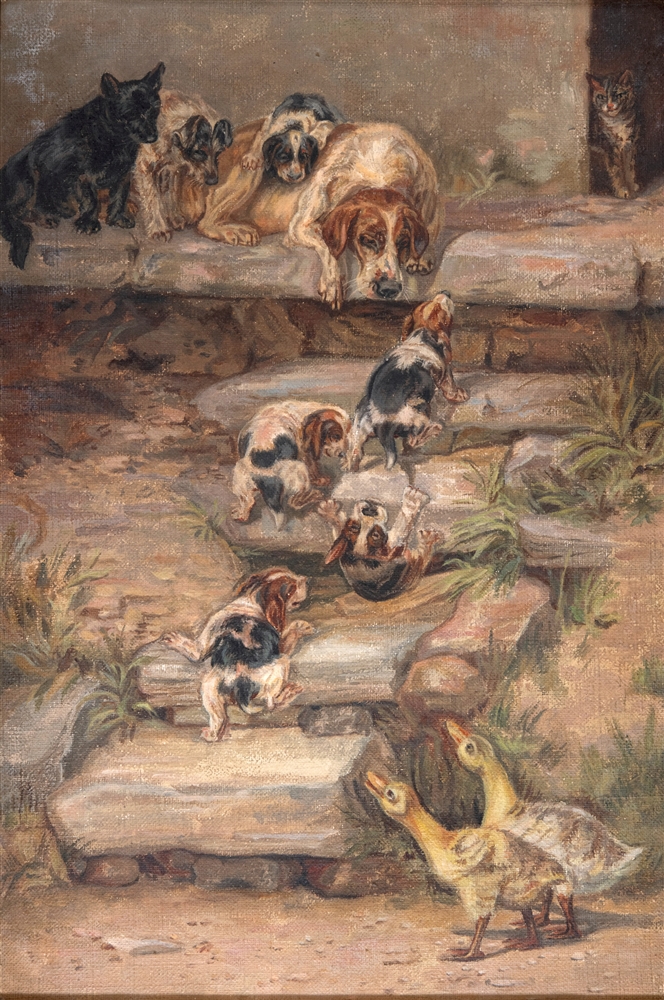 ENGLISH SCHOOL, LATE 19 CENTURY 'An Unpleasant Surprise', hound puppies retreating up stone steps on