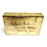 A PLATED COLLAPSIBLE SANDWICH CASE the cover engraved 'W.Ernest Mather, Wood Hill, Prestwick,