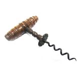 A STRAIGHT-PULL CORKSCREW with a turned wooden handle (split to one side; lacking brush and