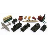 THIRTEEN DINKY MODEL VEHICLES most circa 1940s-50s, including also a pre-war army wagon, variable