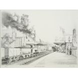 RAILWAYANA - JOHN STEPHEN GIBB (BRITISH, B.1939) 'Grange over Sands - Arrival', monochrome print,