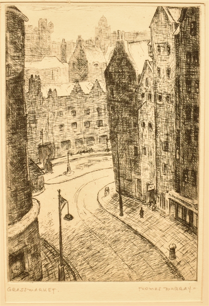 THOMAS MURRAY (EARLY-MID 20TH CENTURY) 'Grassmarket', engraving, titled lower left, signed lower - Image 2 of 3