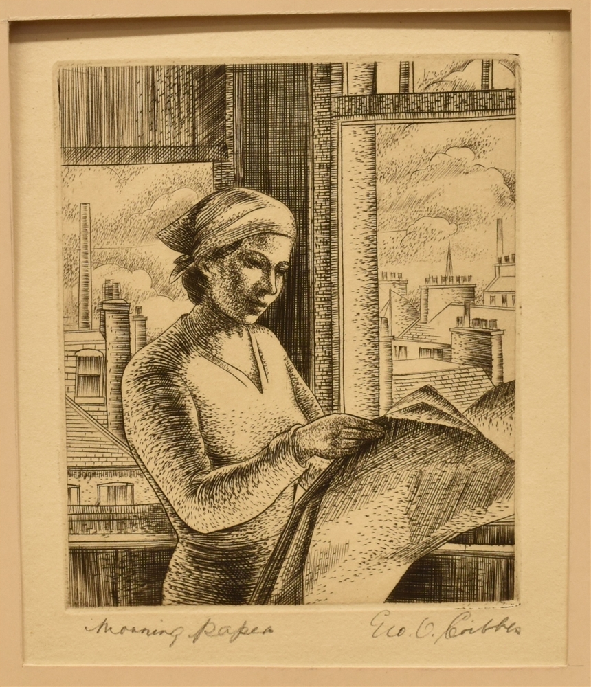 GEORGE OSWALD CRIBBES (SCOTTISH, 1903-1967) 'Morning Paper', engraving, titled lower left, signed - Image 2 of 3