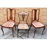 A PAIR OF EDWARDIAN SIDE CHAIRS with inlaid decoration, and another rosewood side chair