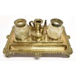 A GEORGIAN SILVER INKSTAND With three central round holders comprising two clear cut glass ink