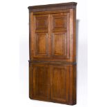 A LARGE OAK CORNER CABINET with dentil moulded frieze above pair of panelled doors, pair of doors to