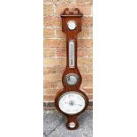 A MAHOGANY BANJO BAROMETER/THERMOMETER/HYGROMETER with mirror inset and swan neck pediment, 96cm