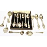 A QUANTITY OF EIGHT ASSORTED SILVER SPOONS Comprising two condiment spoons; a sifting spoon; two