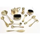 A SMALL QUANTITY OF SILVER ITEMS Comprising an oval mustard pot; two salts; a pepperette; a Georgian