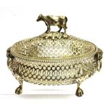 A VICTORIAN SILVER BUTTER DISH AND LID The oval shape with pierced reticulated decoration on four