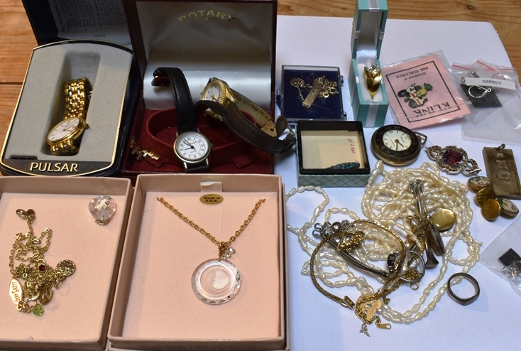 A QUANTITY OF COSTUME JEWELLERY AND LADIES WATCHES To include a Charles Horner blue enamelled BABY