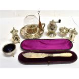 A GROUP OF ASSORTED SILVER ITEMS To include a silver and glass pepper grinder by Hukin & Heath, a
