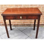 A MAHOGANY TEA TABLE with small single frieze drawer, on chamfered and moulded supports, 86cm wide