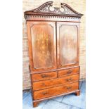 A GEORGE III MAHOGANY LINEN PRESS with marquetry and parquetry inlaid decoration, pierced broken