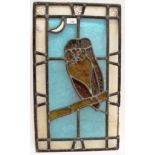 A LEADED AND STAINED GLASS WINDOW with owl and crescent moon, 60cm x 35cm